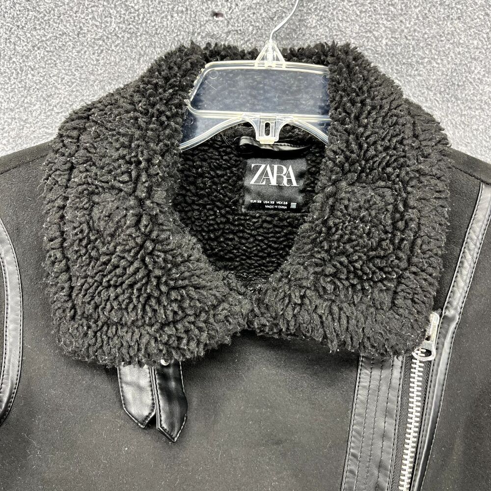 Zara Motorcycle Jacket Women XS Black Black Double Sided Strap Faux Suede Fleece - Picture 4 of 16